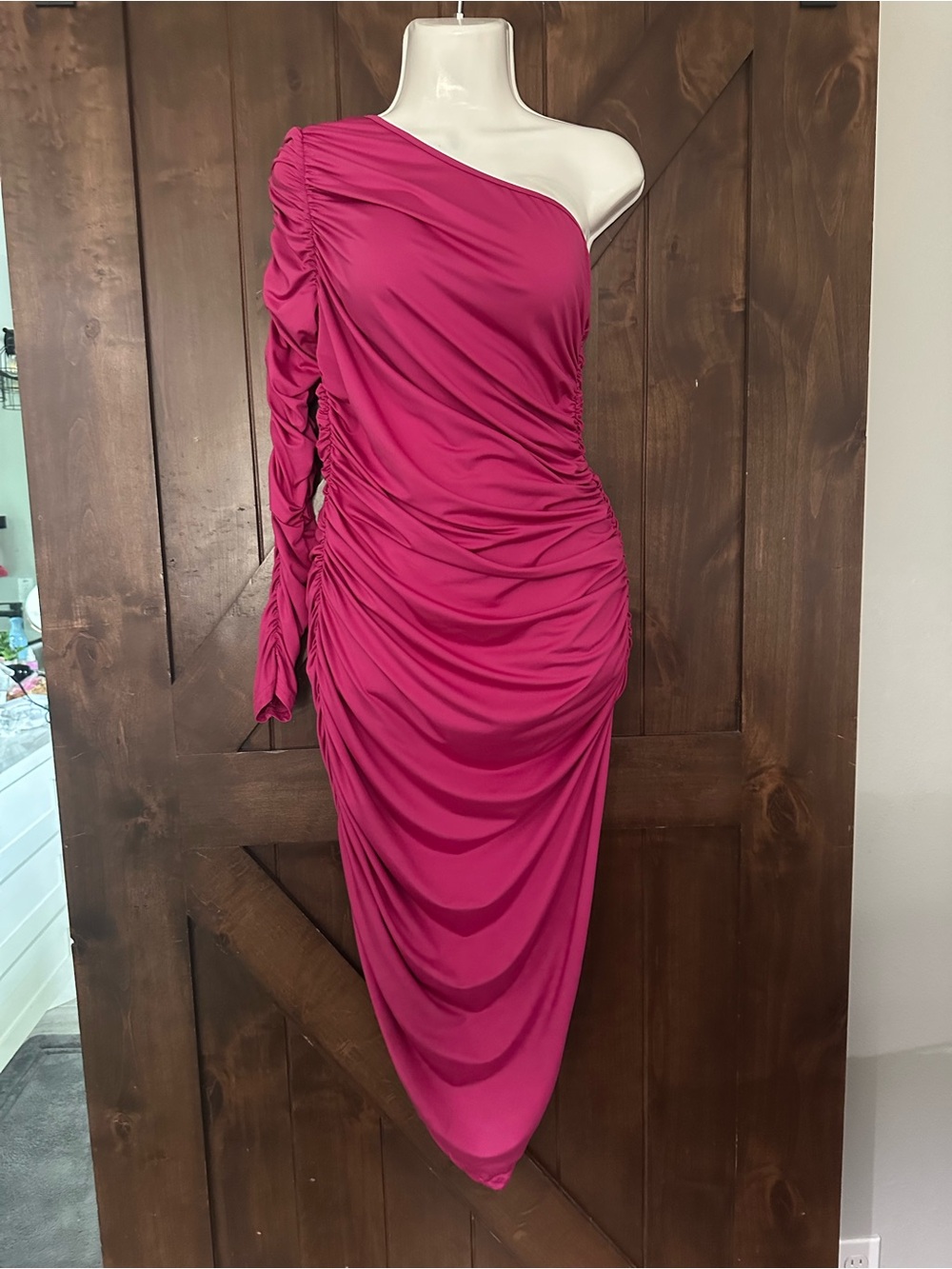 SHEIN One-Shoulder Ruched Fuchsia Maxi Dress
